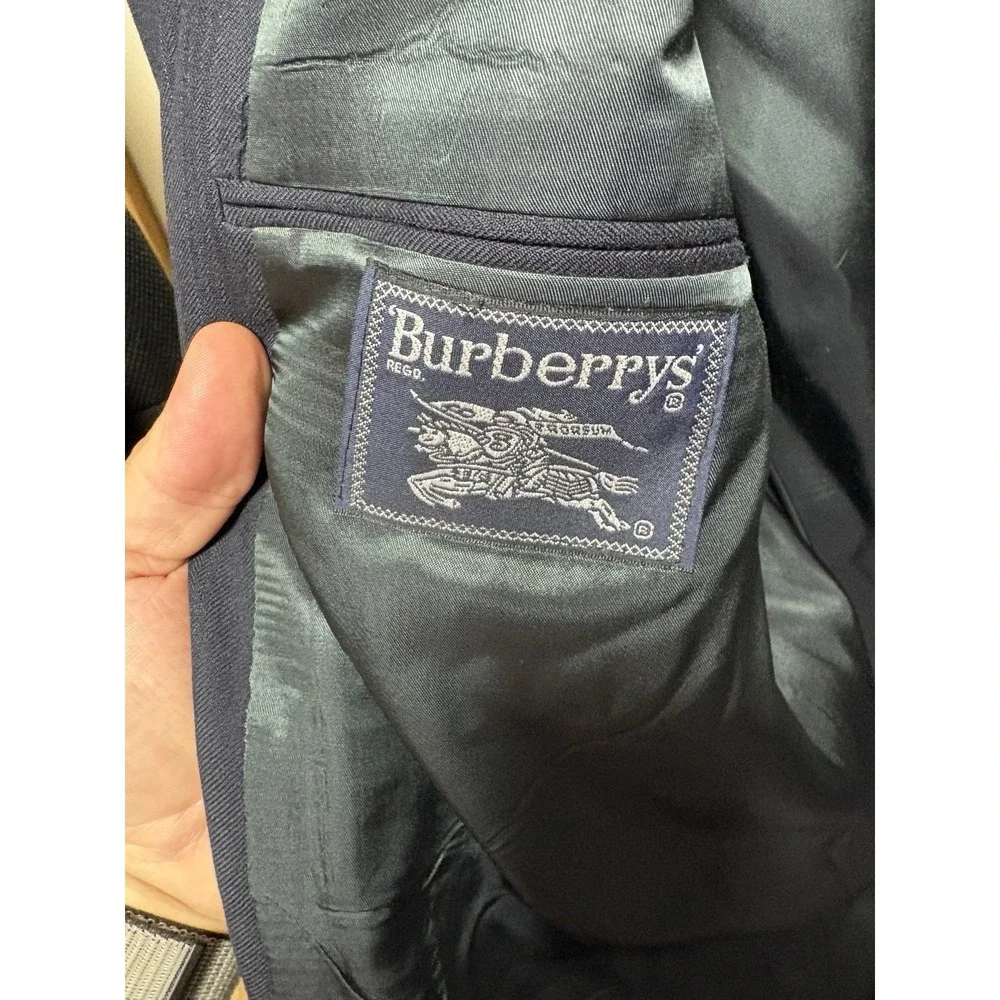 Vintage Burberrys Mens Dark Blue Striped Wool Suit Blazer 36x28 Pants